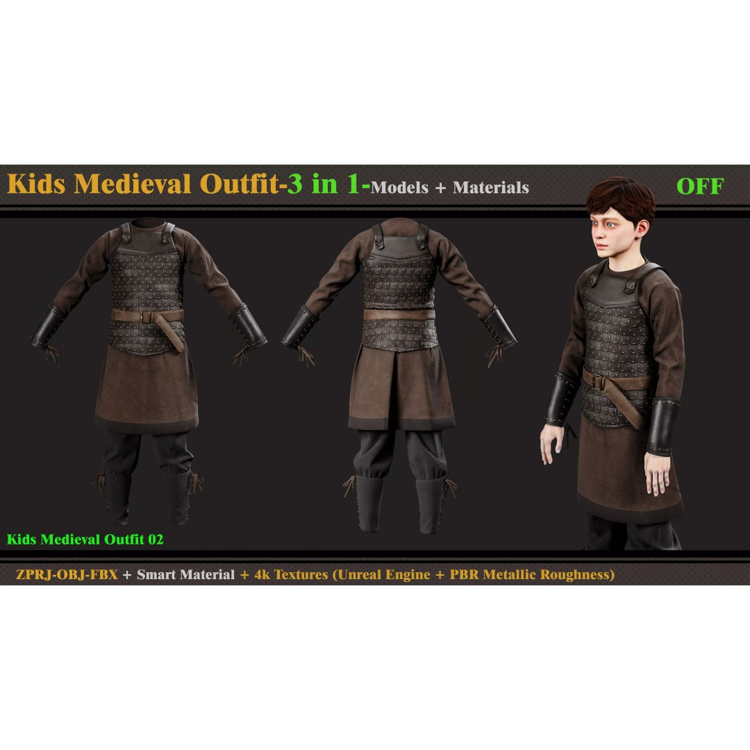 Kids Medieval Outfit 3D Model – PBR Textures, FBX, OBJ Formats - View 4