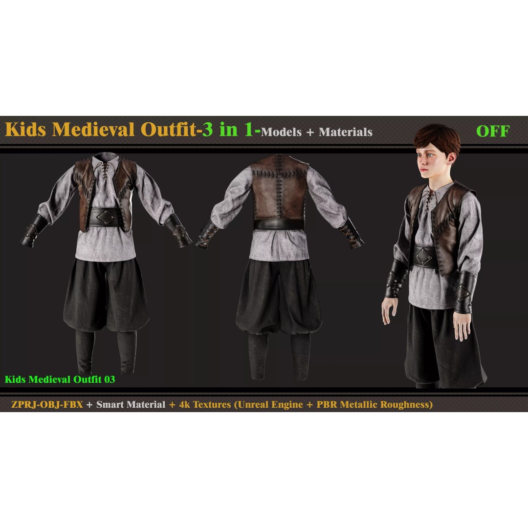 Kids Medieval Outfit 3D Model – PBR Textures, FBX, OBJ Formats - View 5