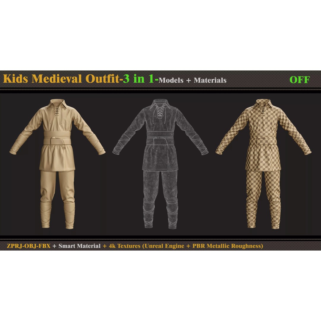 Kids Medieval Outfit 3D Model – PBR Textures, FBX, OBJ Formats - View 6