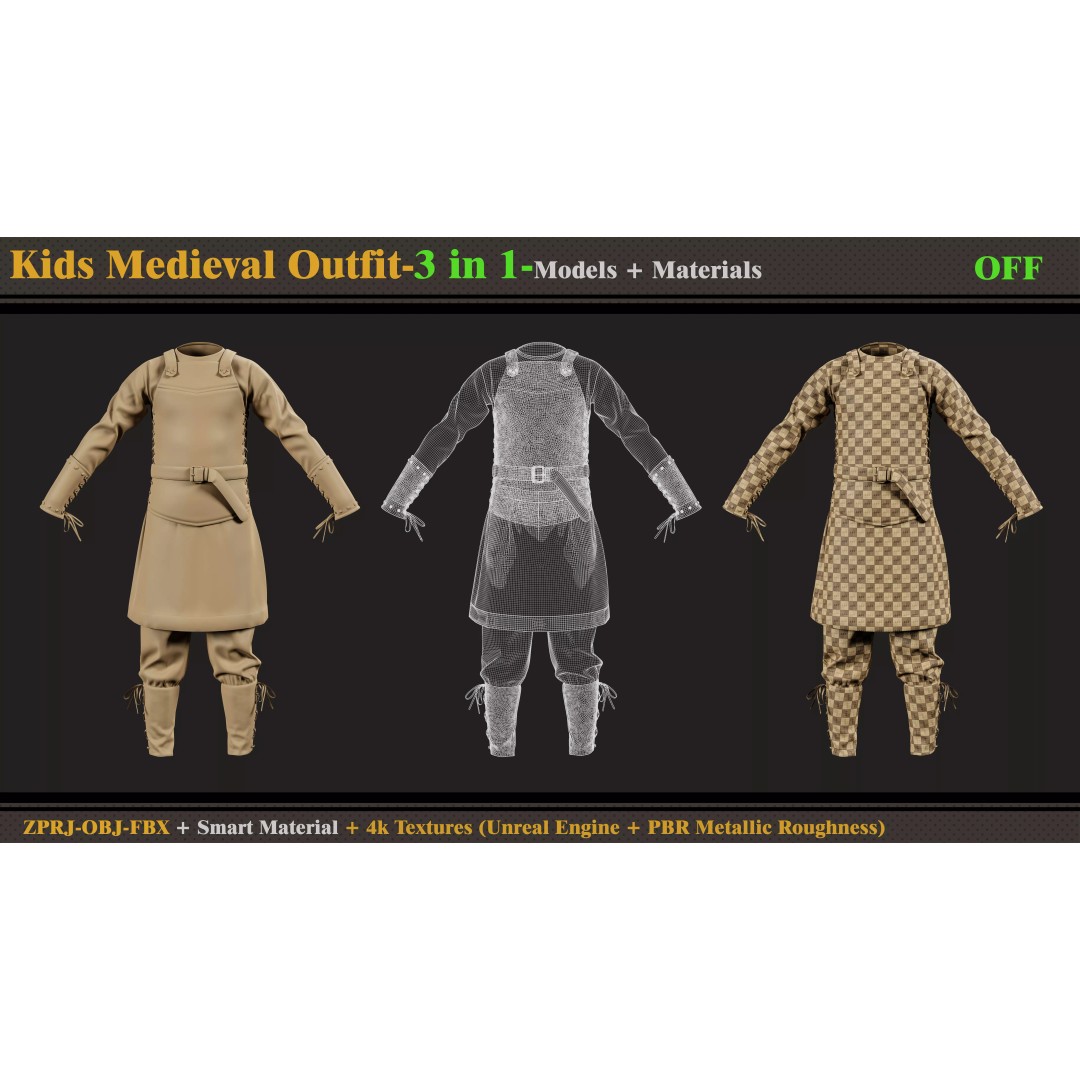 Kids Medieval Outfit 3D Model – PBR Textures, FBX, OBJ Formats - View 7