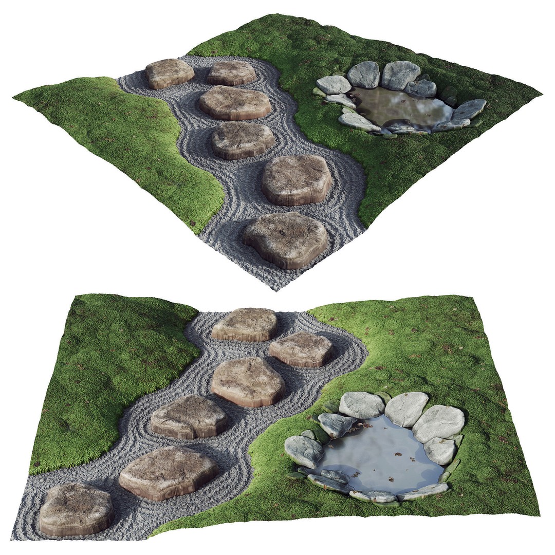Japanese Zen Garden 3D Model – Low Poly PBR Asset, FBX, Blender - View 3