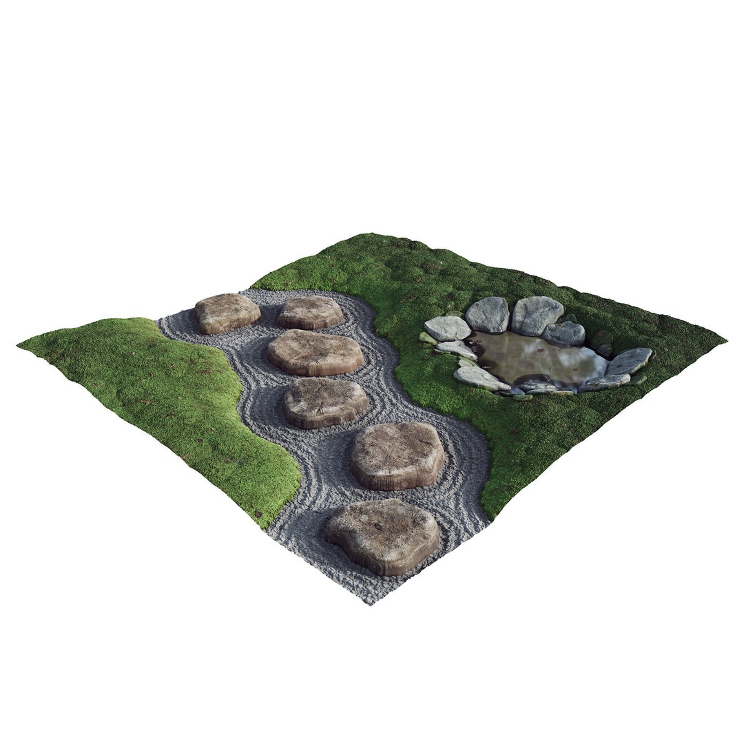 Japanese Zen Garden 3D Model – Low Poly PBR Asset, FBX, Blender - View 4