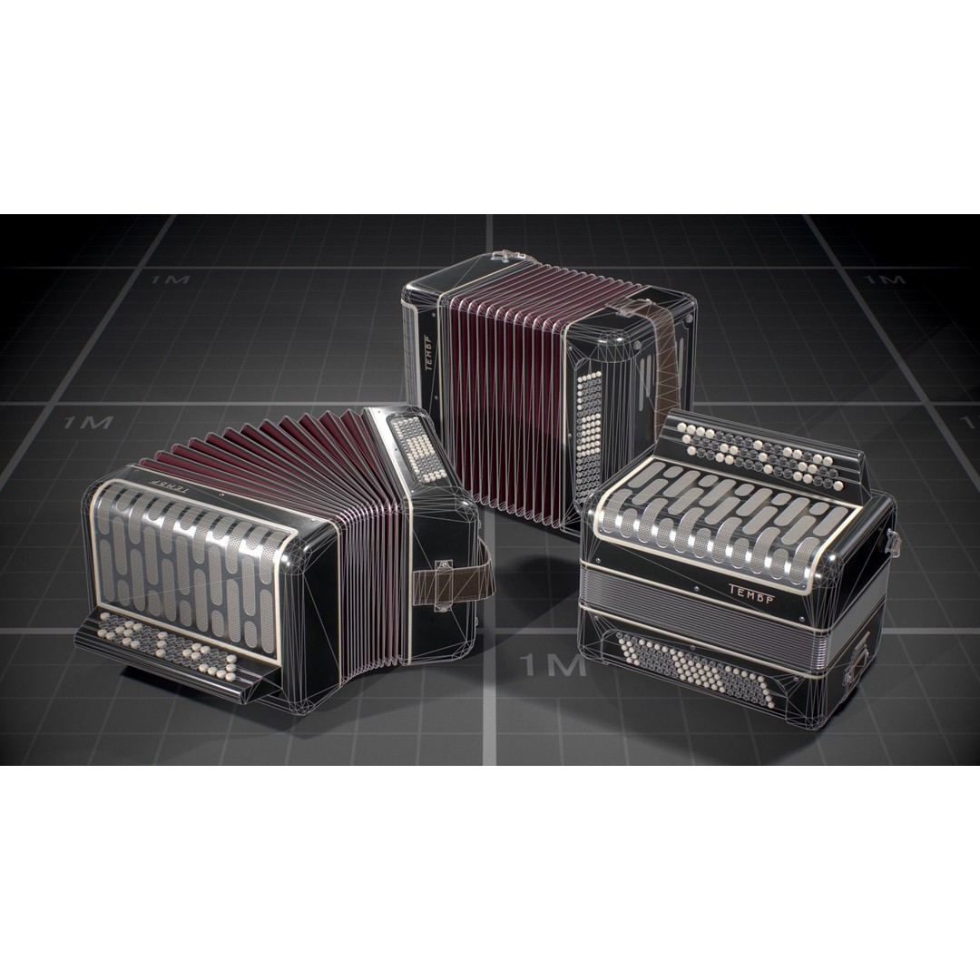 Soviet Button Accordion 3D Model – Low Poly Game Asset, FBX - View 11