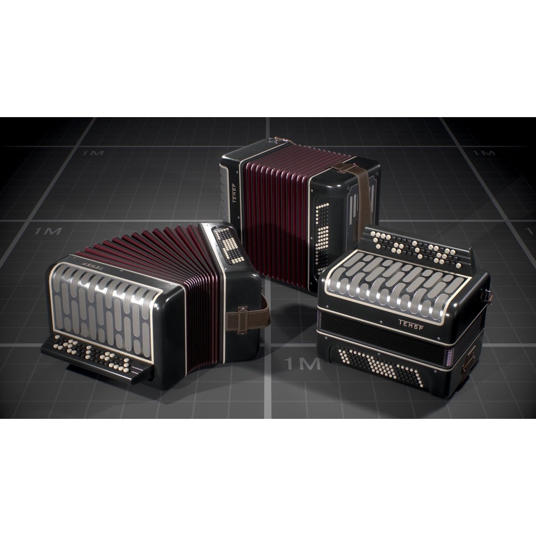 Soviet Button Accordion 3D Model – Low Poly Game Asset, FBX - View 3