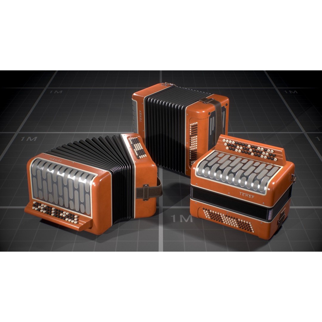 Soviet Button Accordion 3D Model – Low Poly Game Asset, FBX - View 4