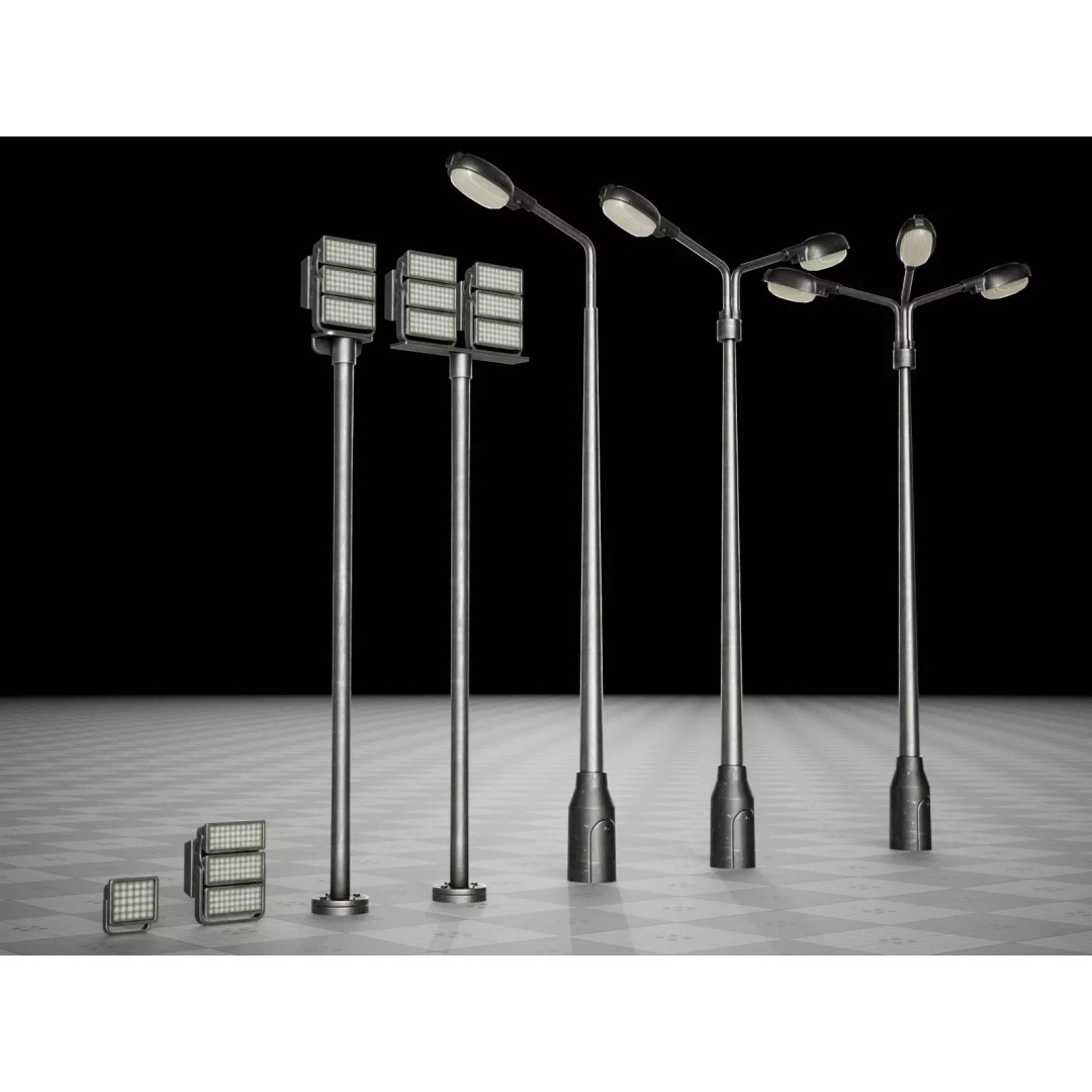 Street Light Poles and Spotlights 3D Model – Low Poly, PBR, FBX - View 2