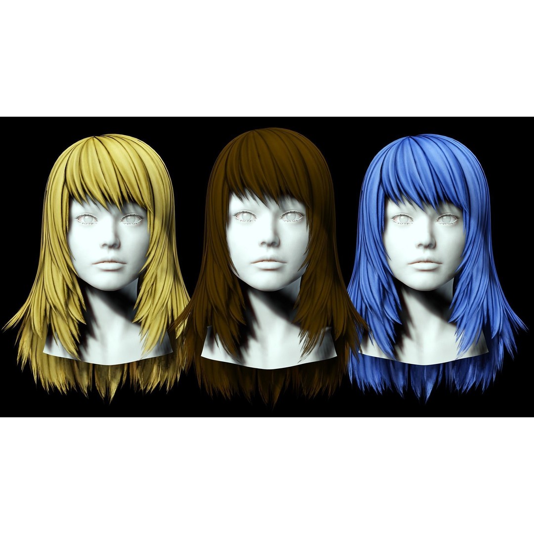 Layered Female Hair 3D Model – Low Poly Realistic Hair, FBX, OBJ - View 3