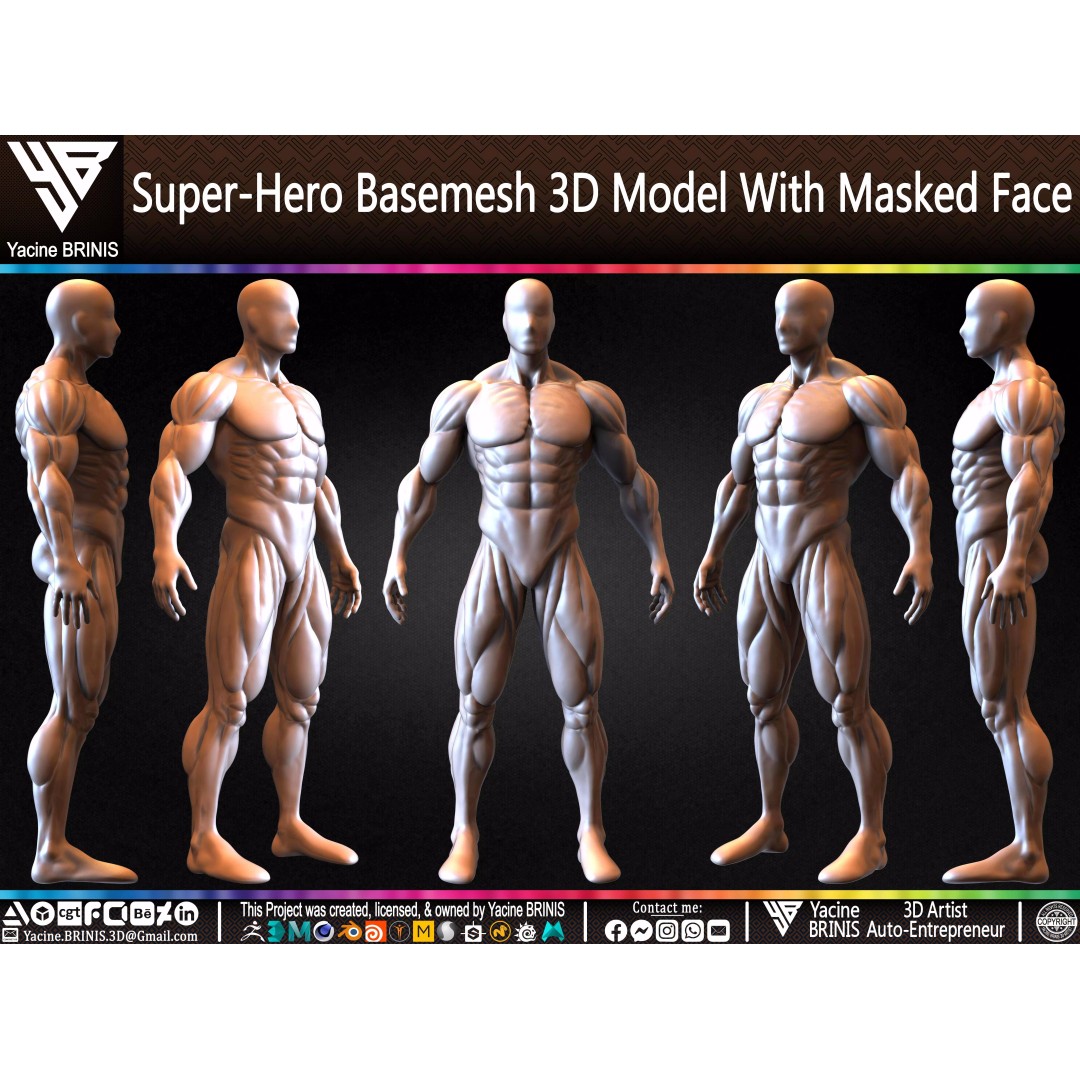 Super-Hero Basemesh 3D Model – Low Poly Character with Masked Face, FBX & OBJ