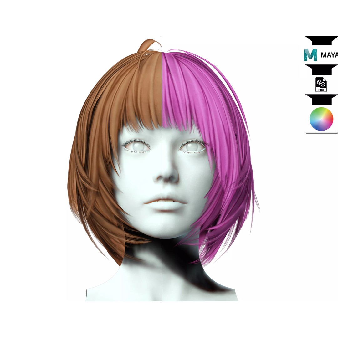 Classic Bob Hair 3D Model – Low Poly Female Hairstyle, FBX & PBR - View 2