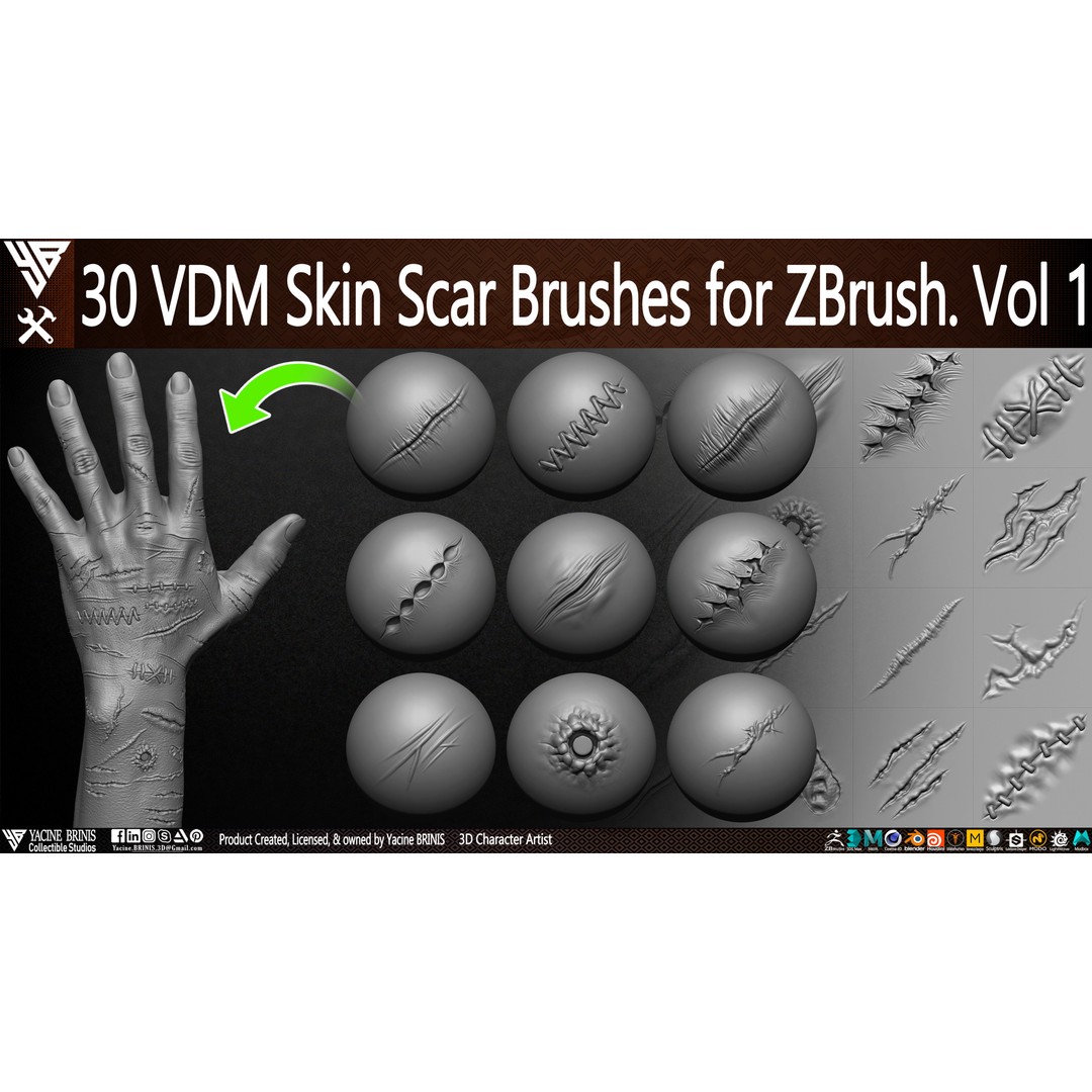 30 VDM Skin Scar Brushes 3D Model – Realistic ZBrush Textures