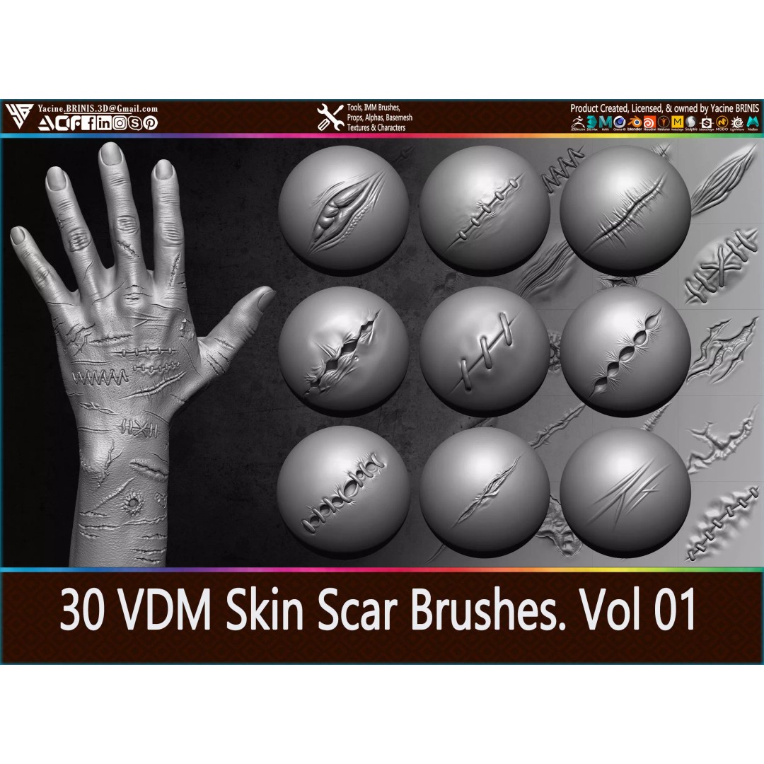 30 VDM Skin Scar Brushes 3D Model – Realistic ZBrush Textures - View 2