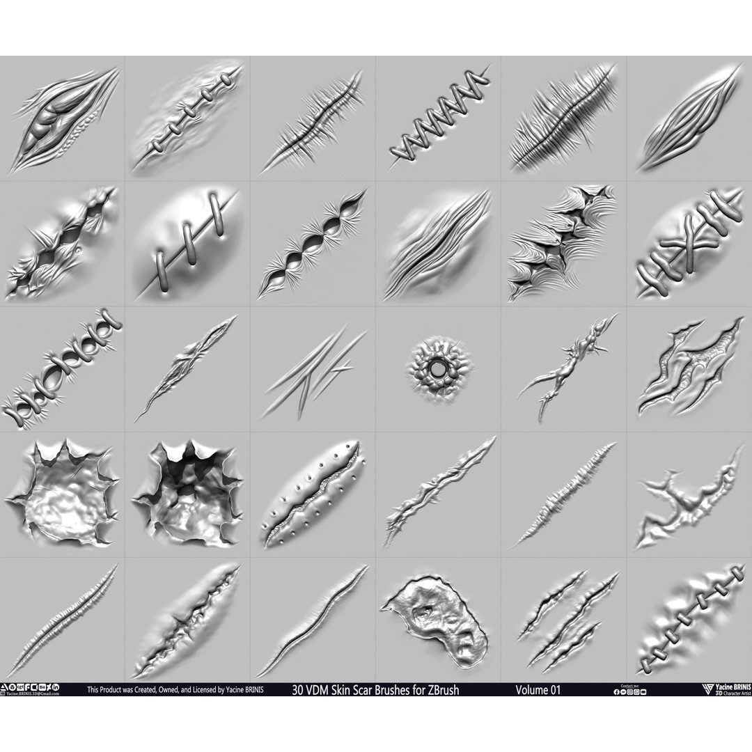 30 VDM Skin Scar Brushes 3D Model – Realistic ZBrush Textures - View 3
