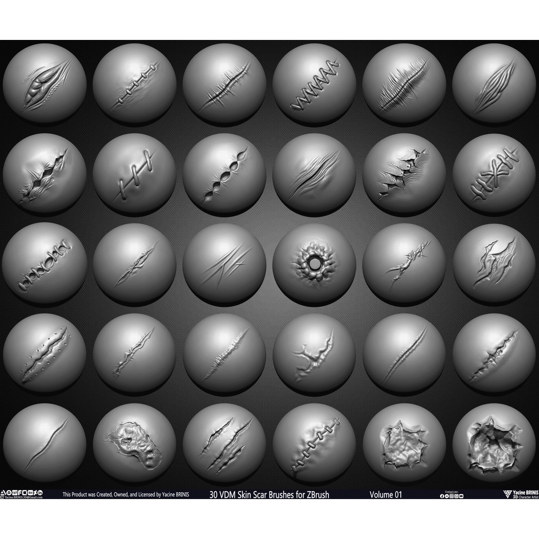 30 VDM Skin Scar Brushes 3D Model – Realistic ZBrush Textures - View 4