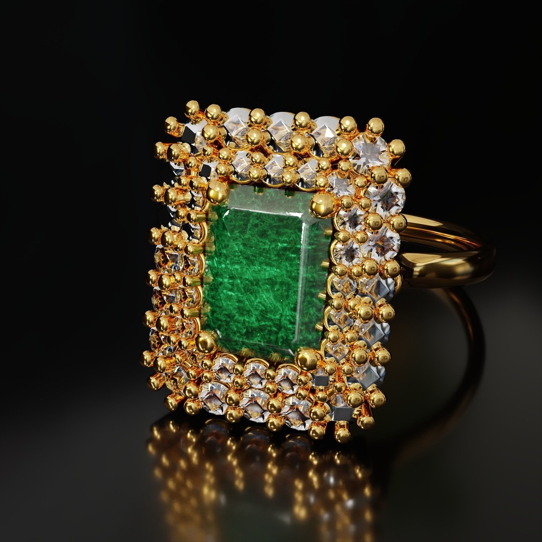 Mughal Emerald Ring 3D Model – Luxurious Jewelry Design, FBX, OBJ - View 3