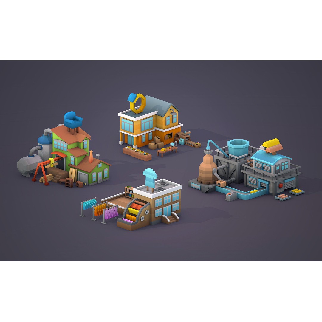 Factories 3D Model – Low Poly Game Asset, FBX & PBR Textures