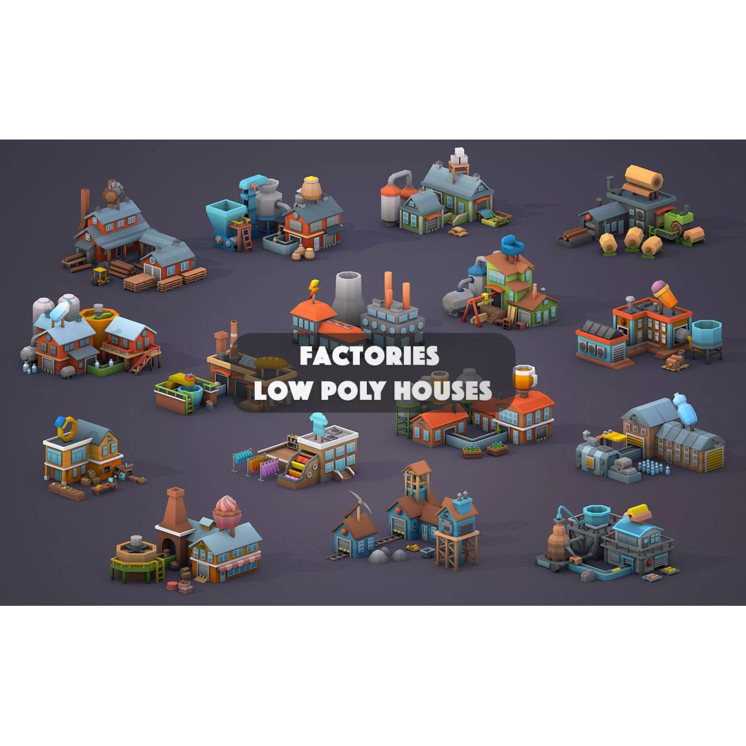 Factories 3D Model – Low Poly Game Asset, FBX & PBR Textures - View 2