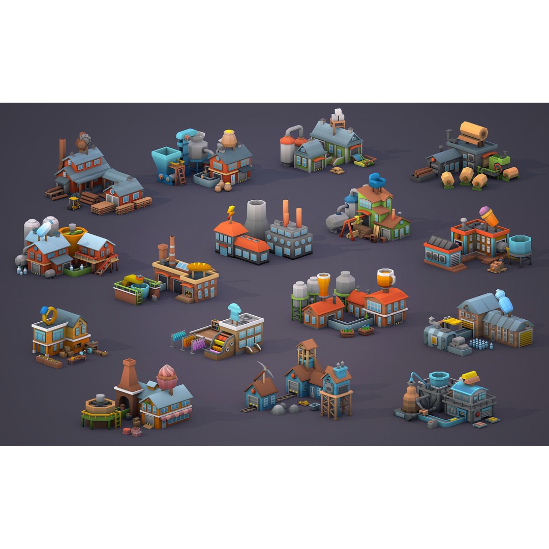 Factories 3D Model – Low Poly Game Asset, FBX & PBR Textures - View 3