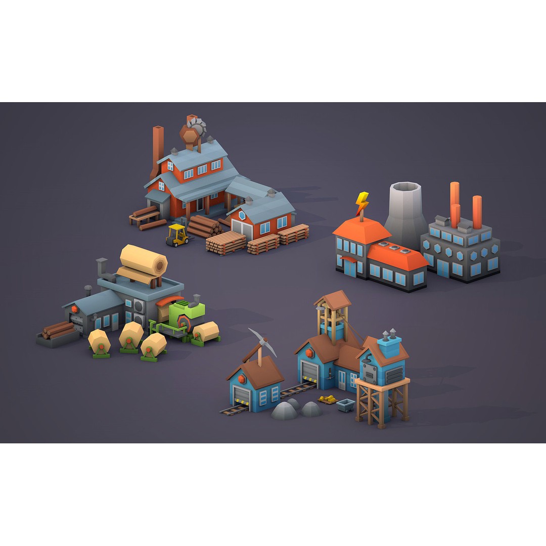 Factories 3D Model – Low Poly Game Asset, FBX & PBR Textures - View 4