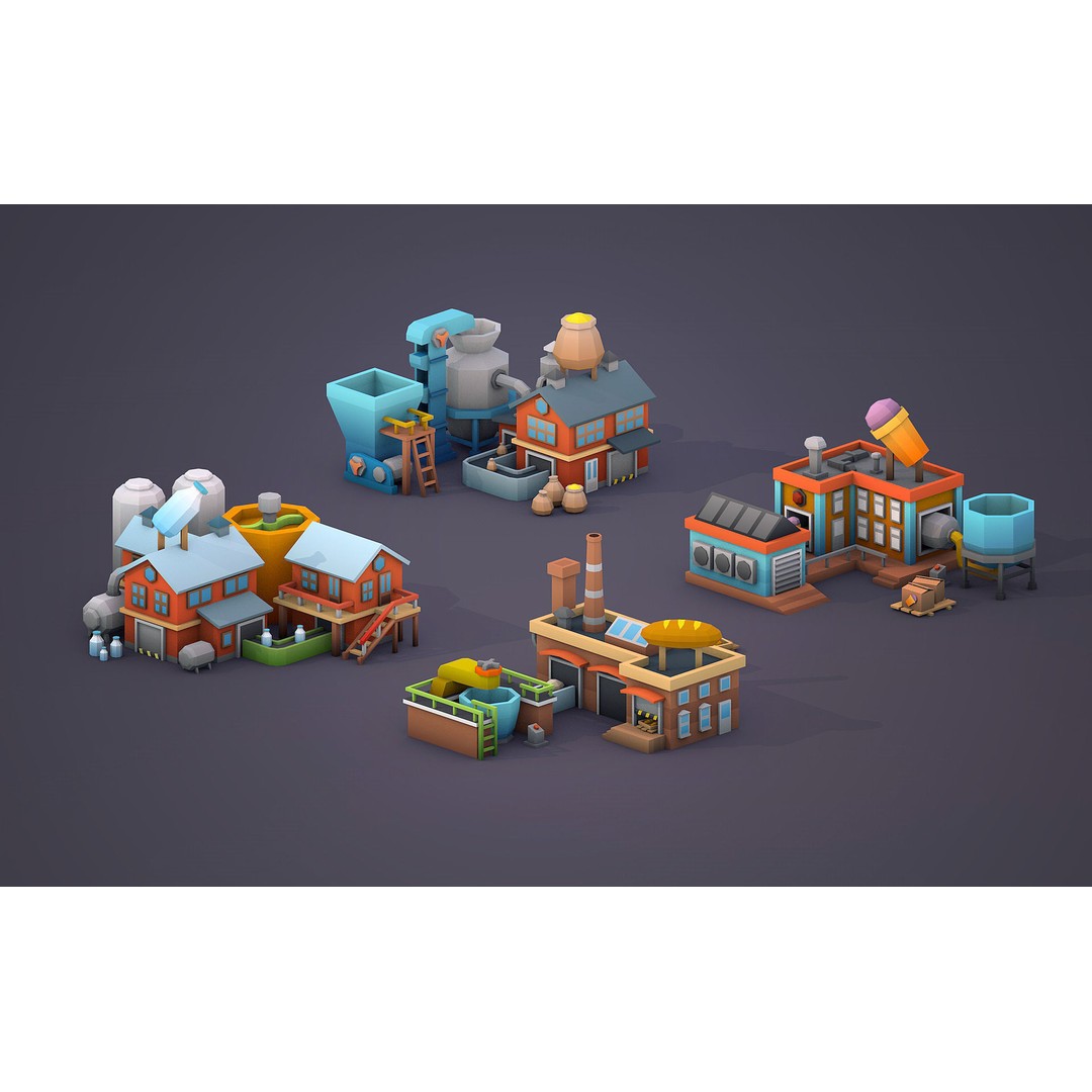 Factories 3D Model – Low Poly Game Asset, FBX & PBR Textures - View 5
