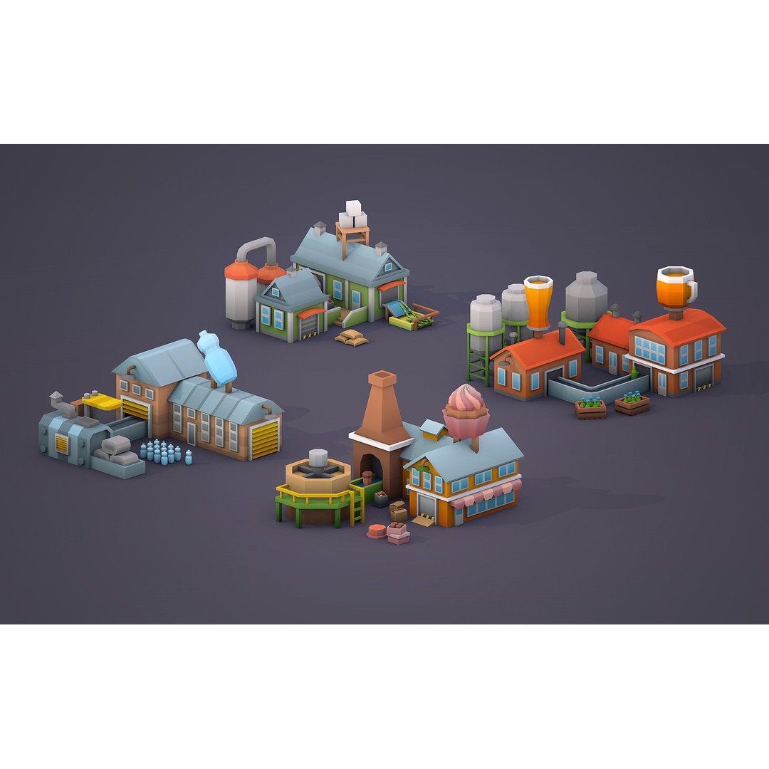 Factories 3D Model – Low Poly Game Asset, FBX & PBR Textures - View 6