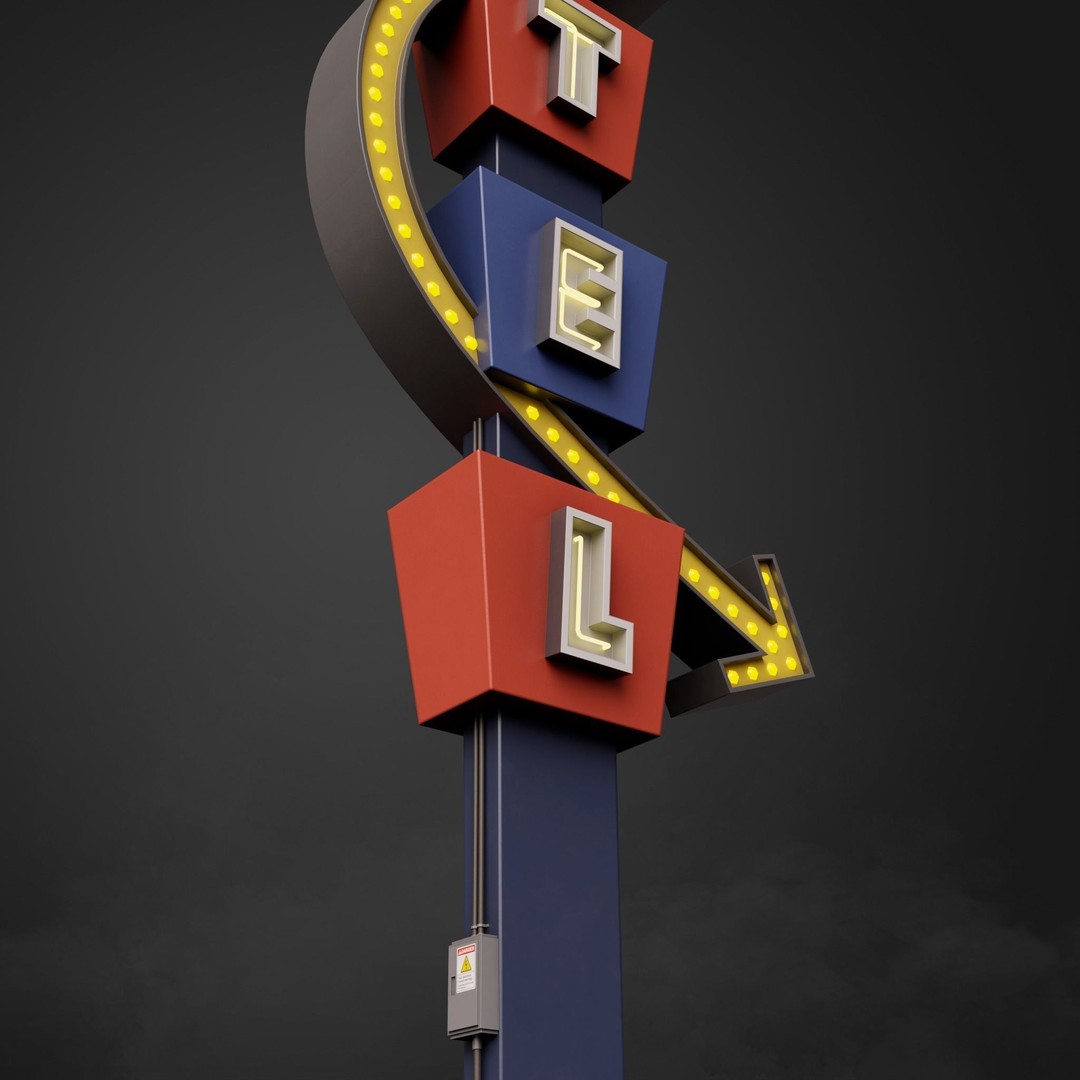 Neon Motel Sign 3D Model – Low Poly Retro Design with PBR Textures - View 11