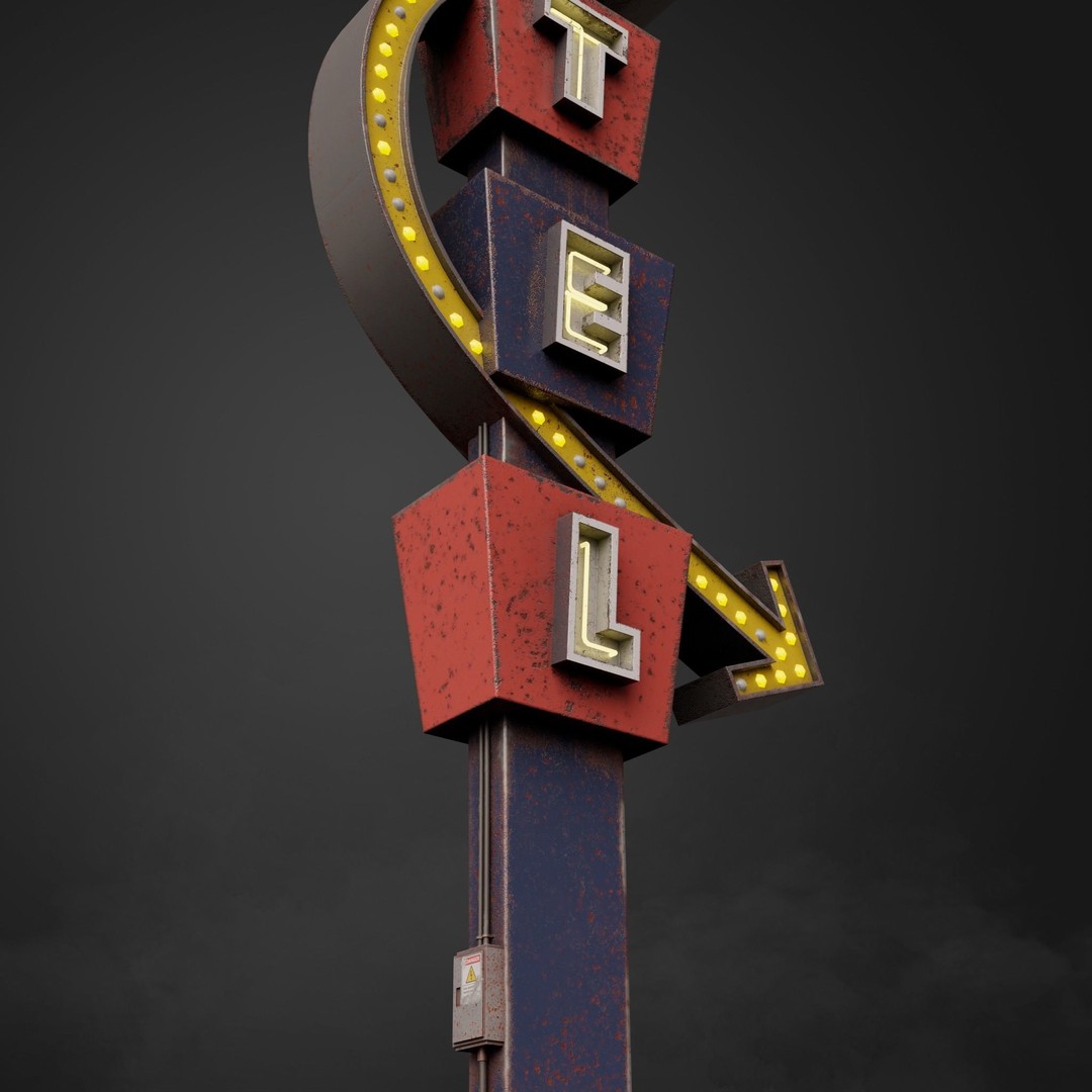 Neon Motel Sign 3D Model – Low Poly Retro Design with PBR Textures - View 12