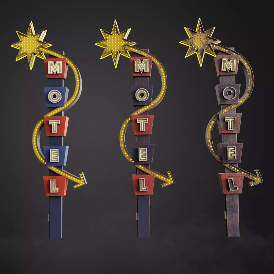 Neon Motel Sign 3D Model – Low Poly Retro Design with PBR Textures - View 2