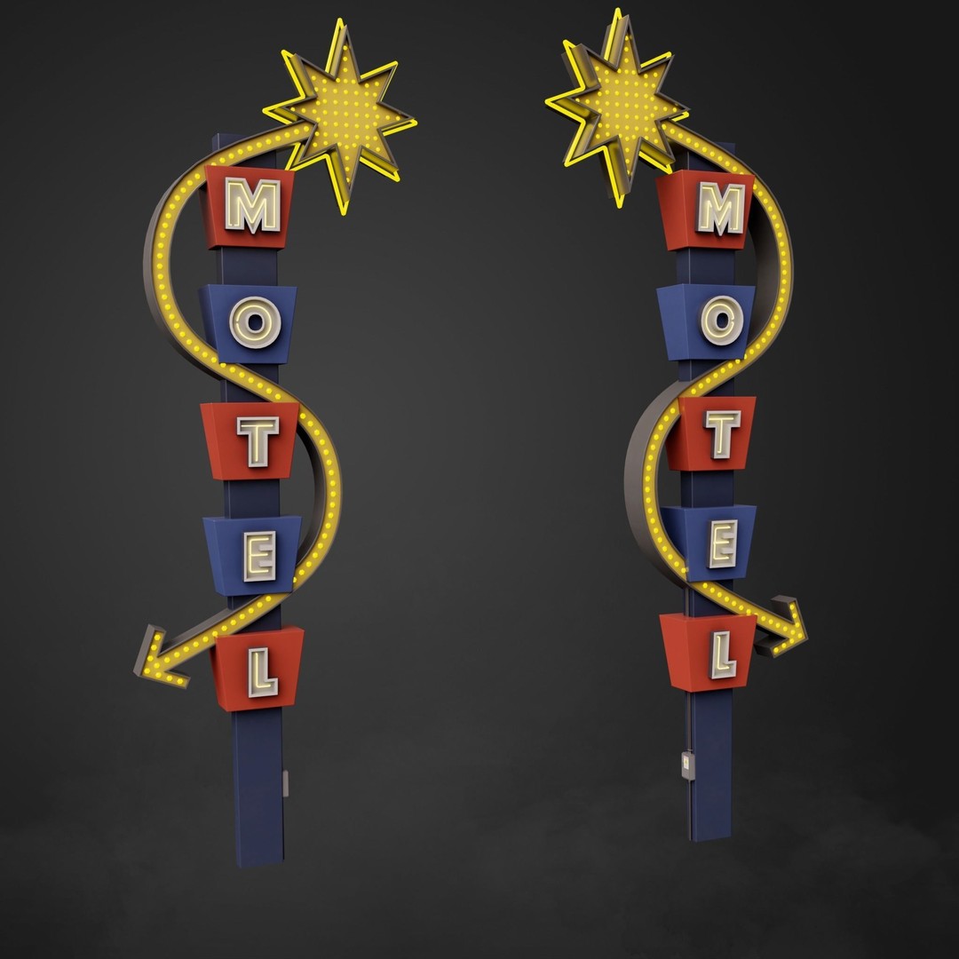 Neon Motel Sign 3D Model – Low Poly Retro Design with PBR Textures - View 3