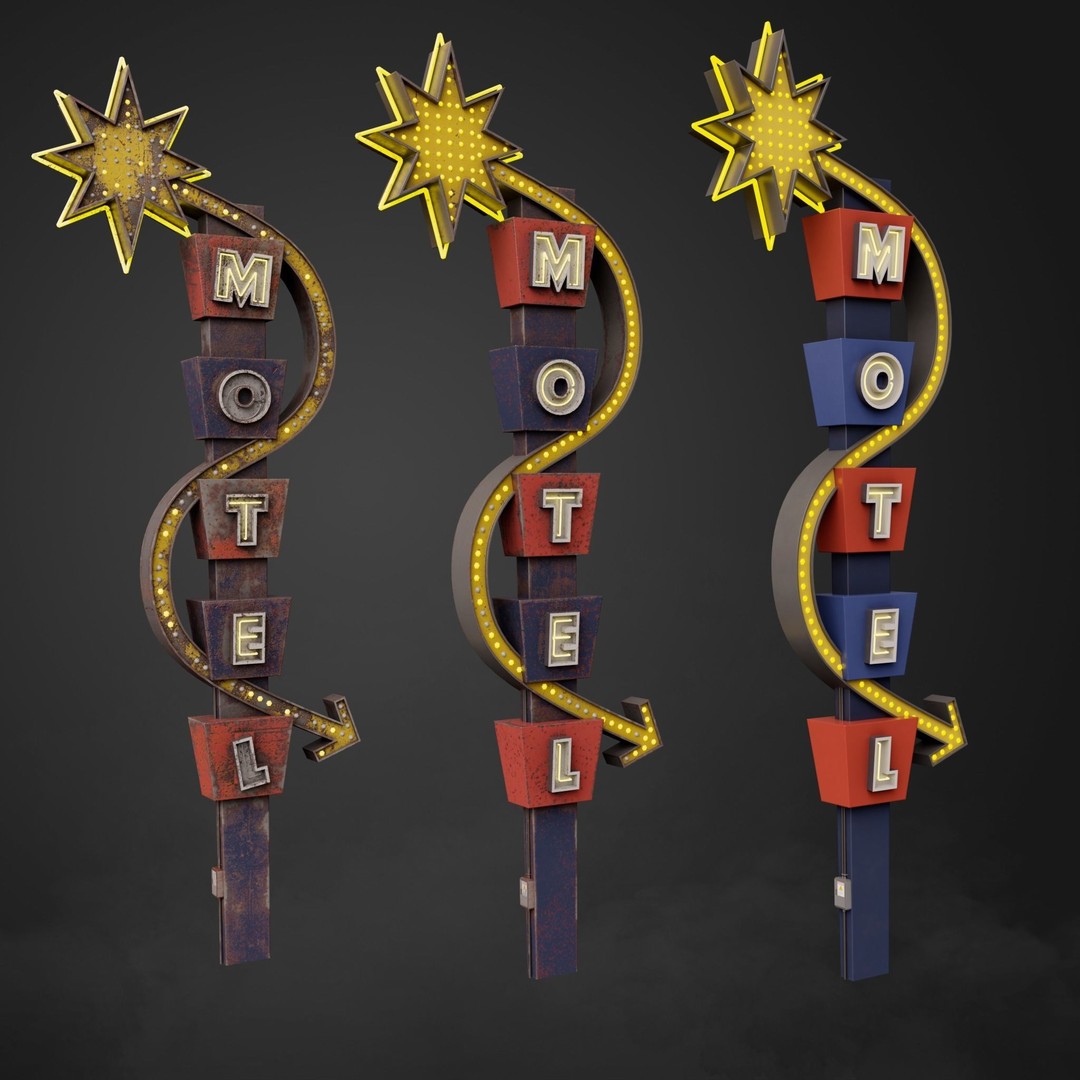 Neon Motel Sign 3D Model – Low Poly Retro Design with PBR Textures - View 6