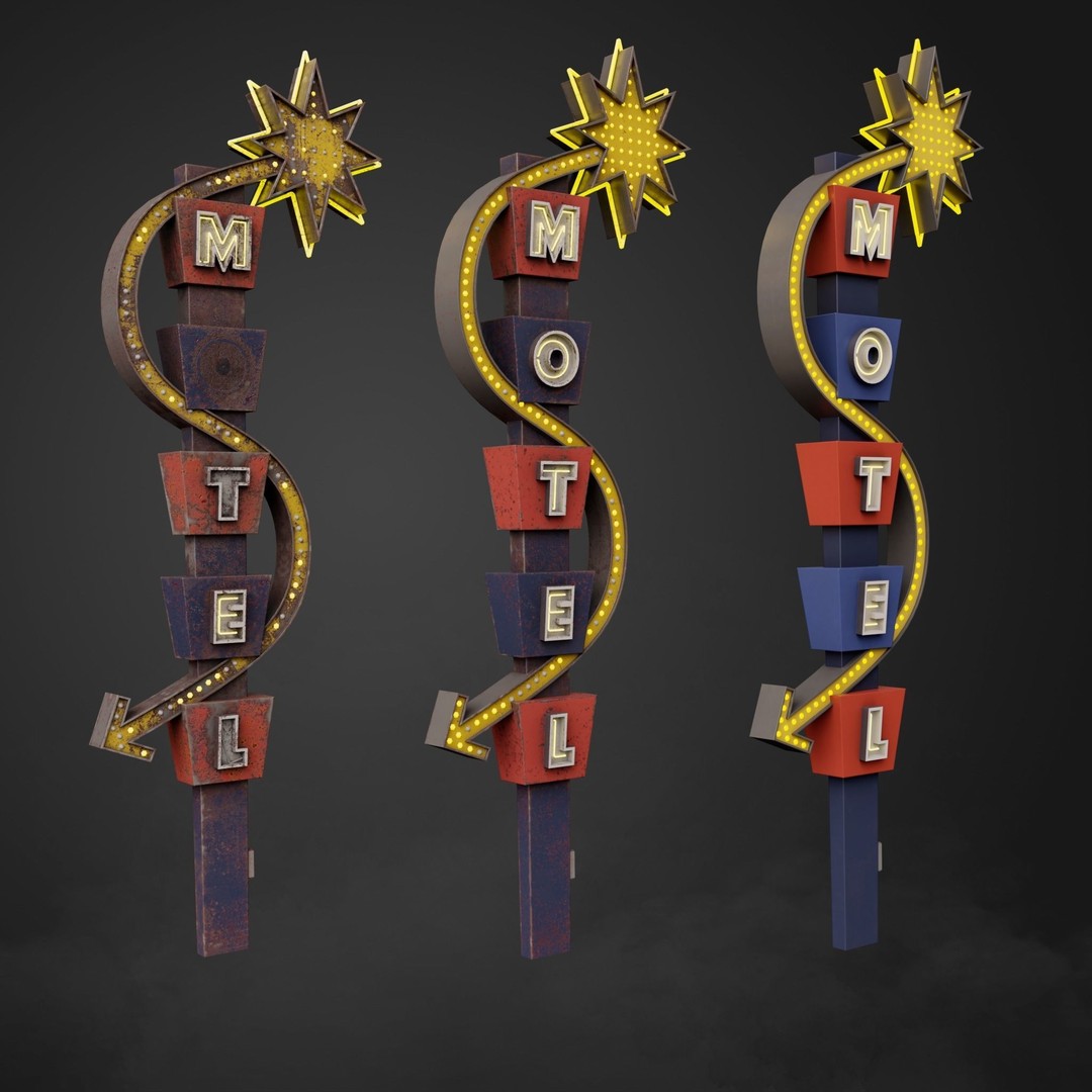 Neon Motel Sign 3D Model – Low Poly Retro Design with PBR Textures - View 7