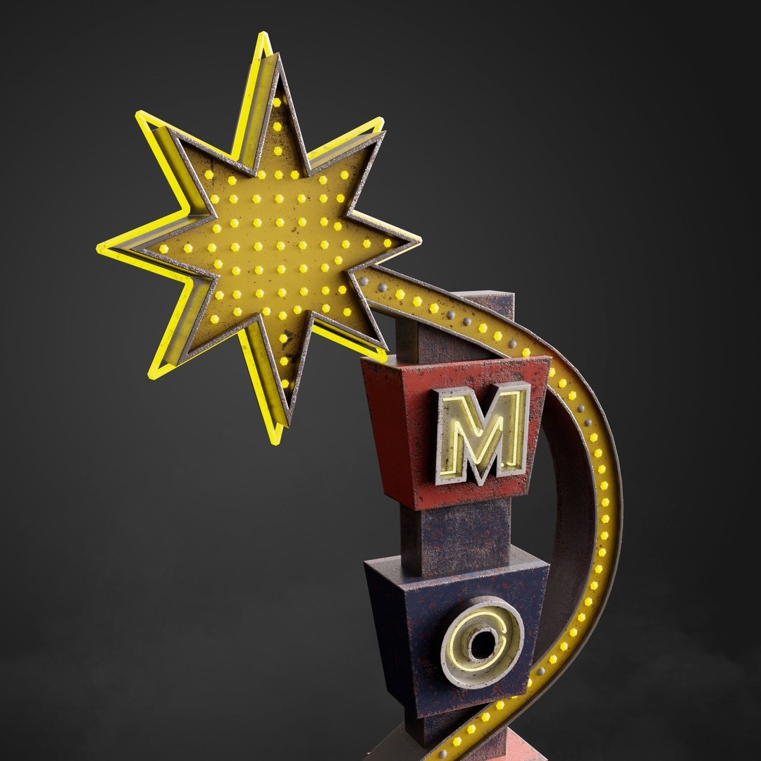 Neon Motel Sign 3D Model – Low Poly Retro Design with PBR Textures - View 9