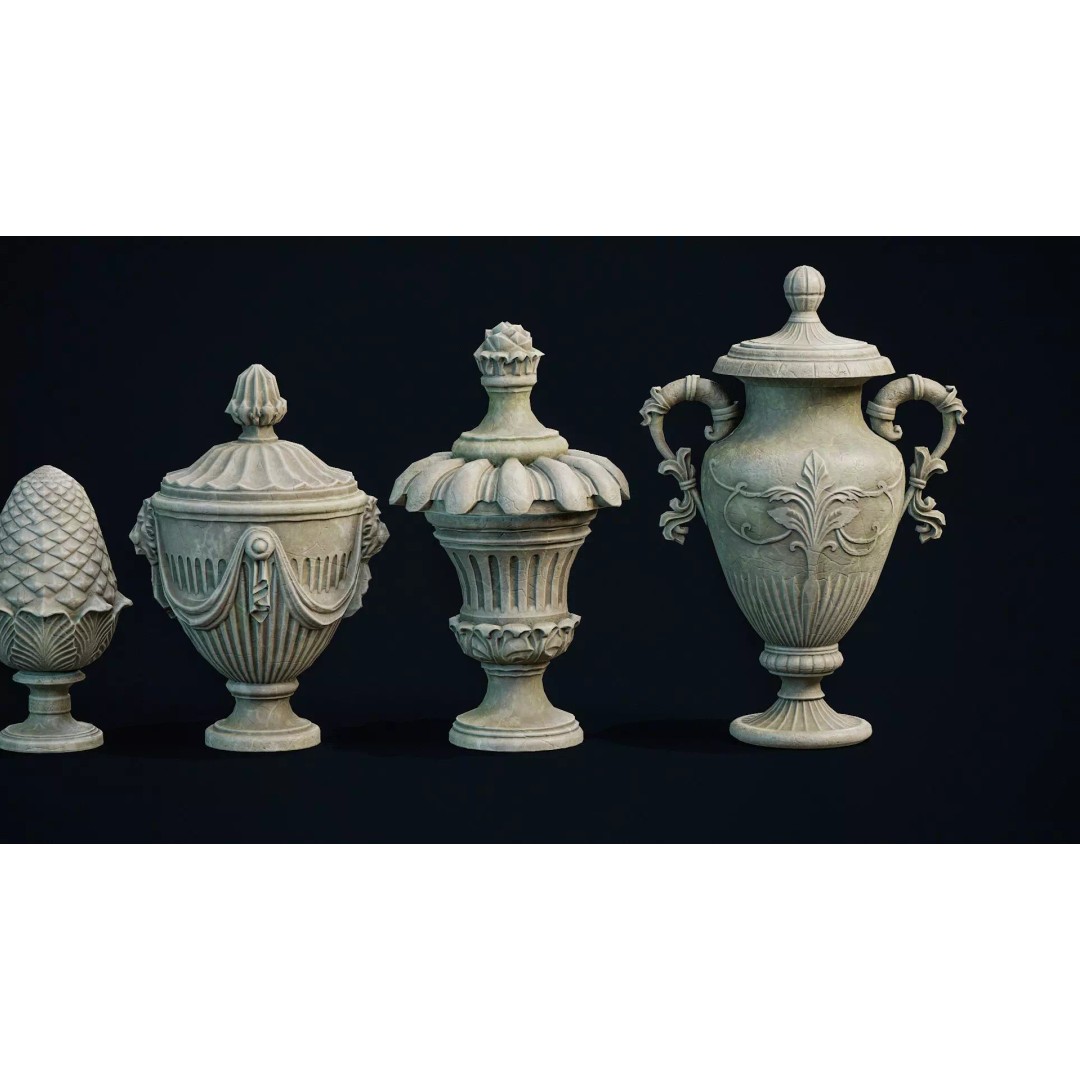 Garden Urns 3D Model – Low Poly Architectural Decoration, FBX, OBJ - View 3