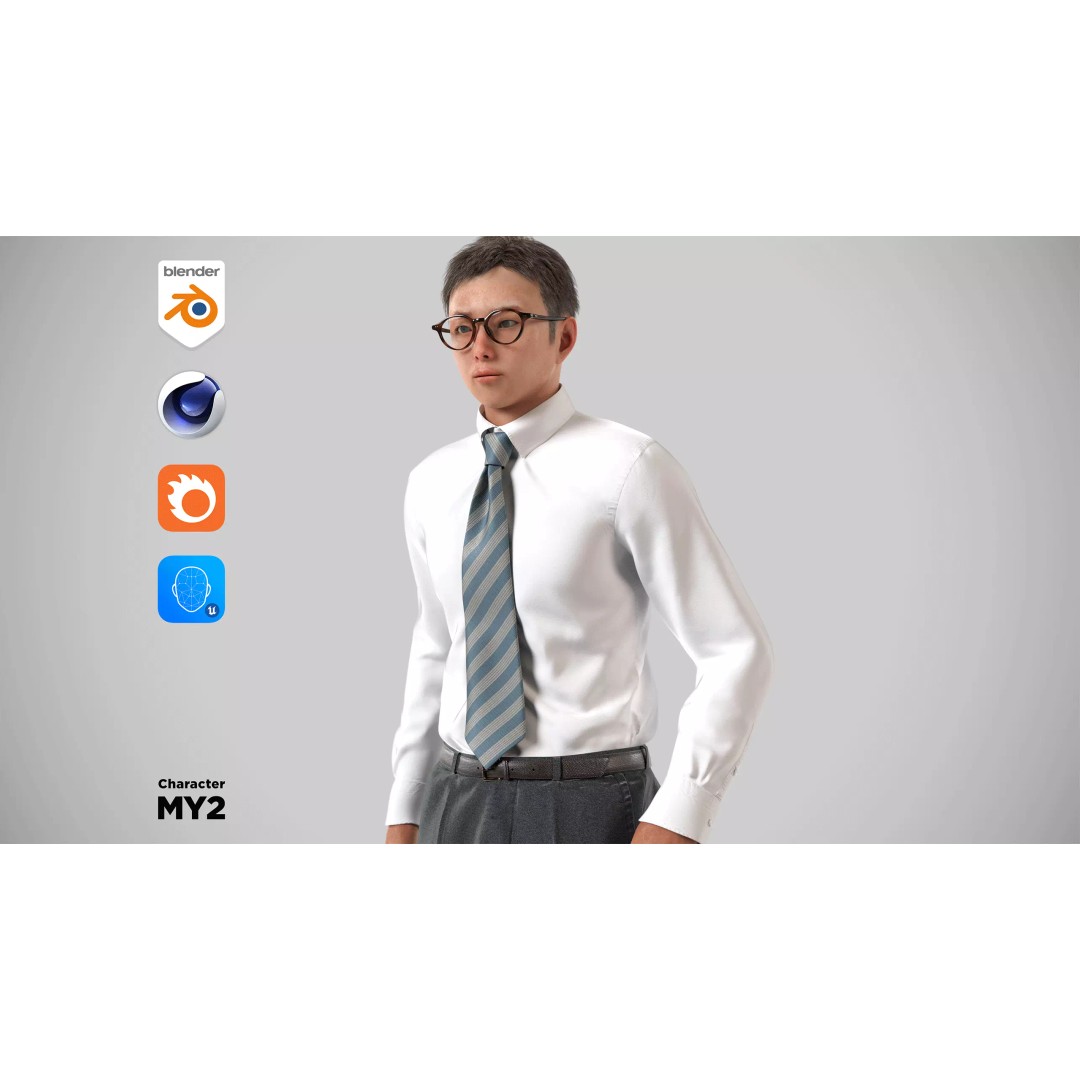 Modular Asian Business Man 3D Model – Low Poly Rigged Character for ArchViz - View 2