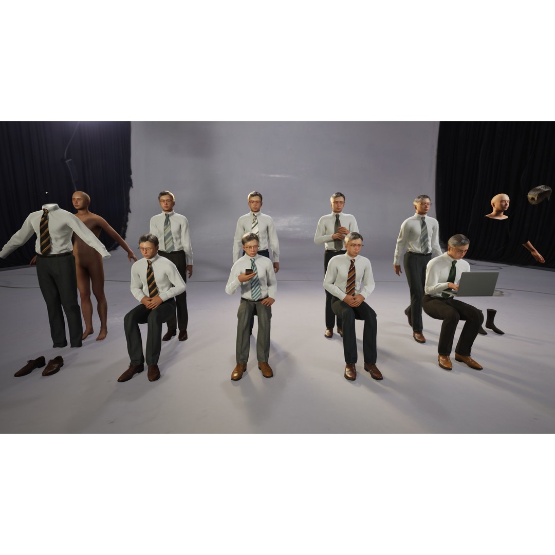 Modular Asian Business Man 3D Model – Low Poly Rigged Character for ArchViz - View 4