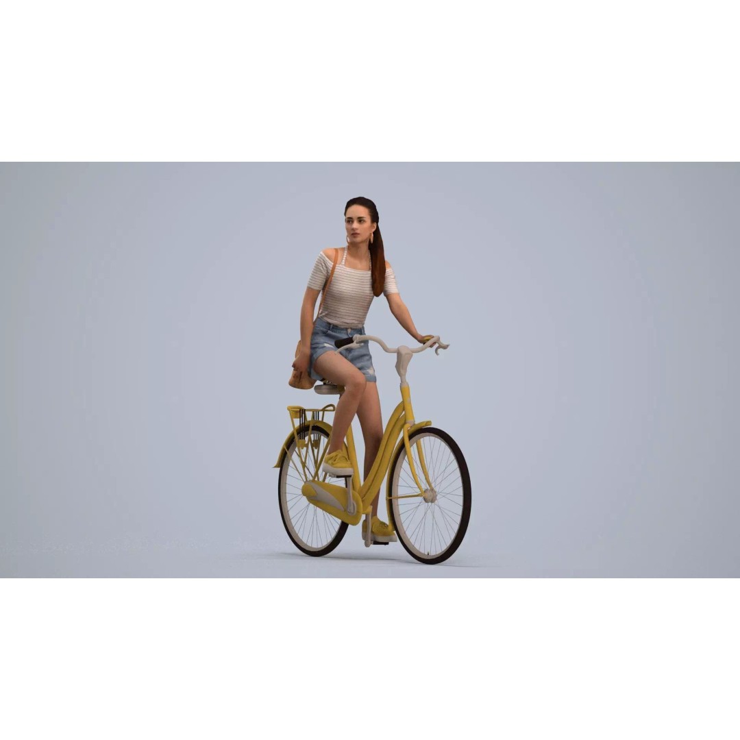 Woman Riding Yellow Bicycle 3D Model – PBR Game Asset, FBX - View 2