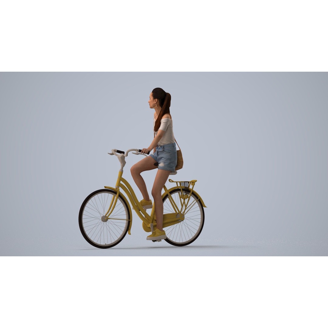 Woman Riding Yellow Bicycle 3D Model – PBR Game Asset, FBX - View 3