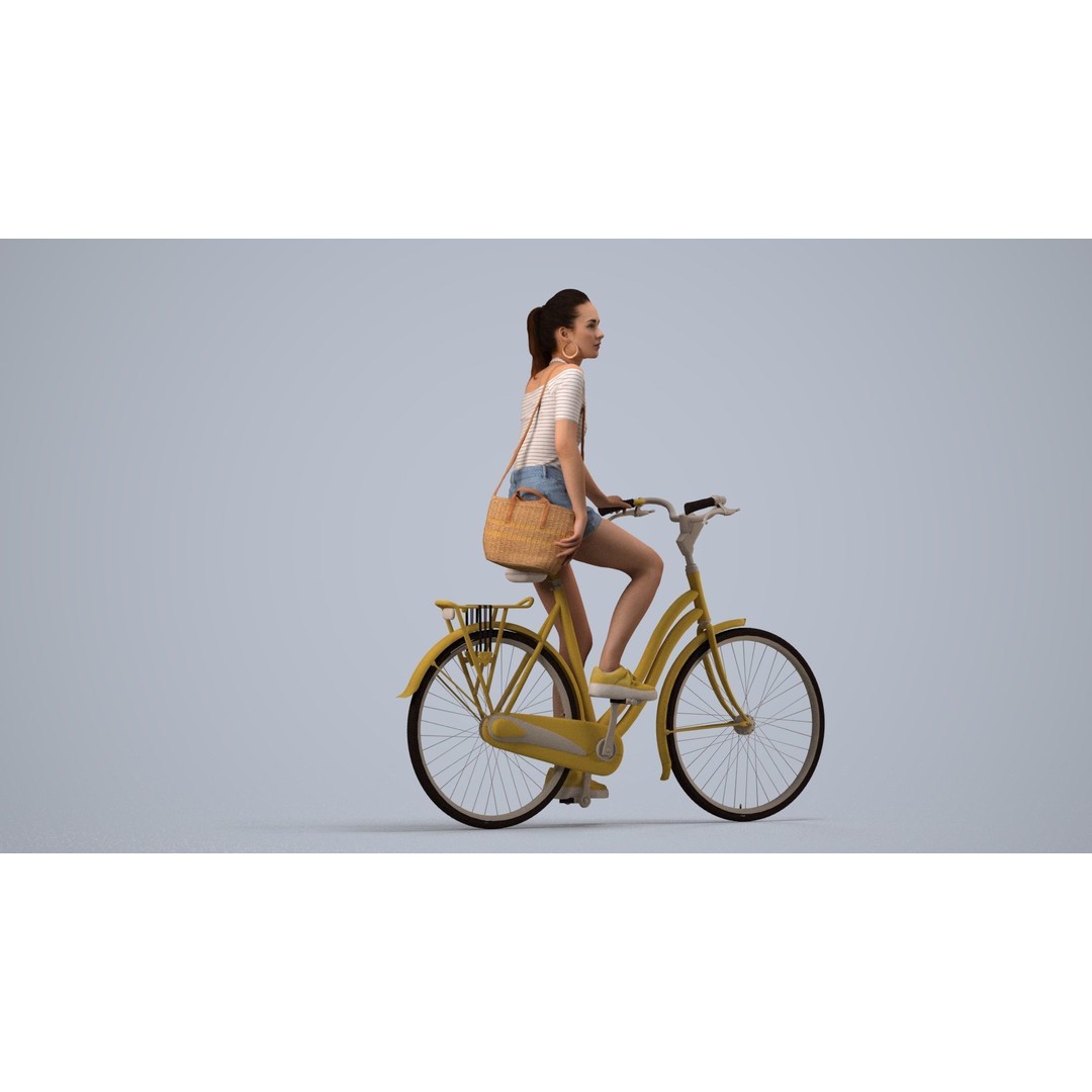 Woman Riding Yellow Bicycle 3D Model – PBR Game Asset, FBX - View 5