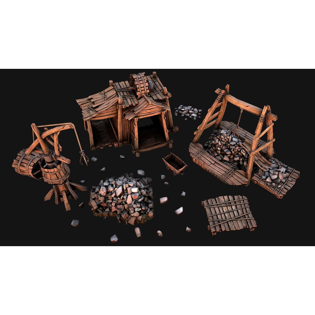 Medieval Mine Quarry Industrial Pack 3D Model – Low Poly Game Asset, FBX - View 3
