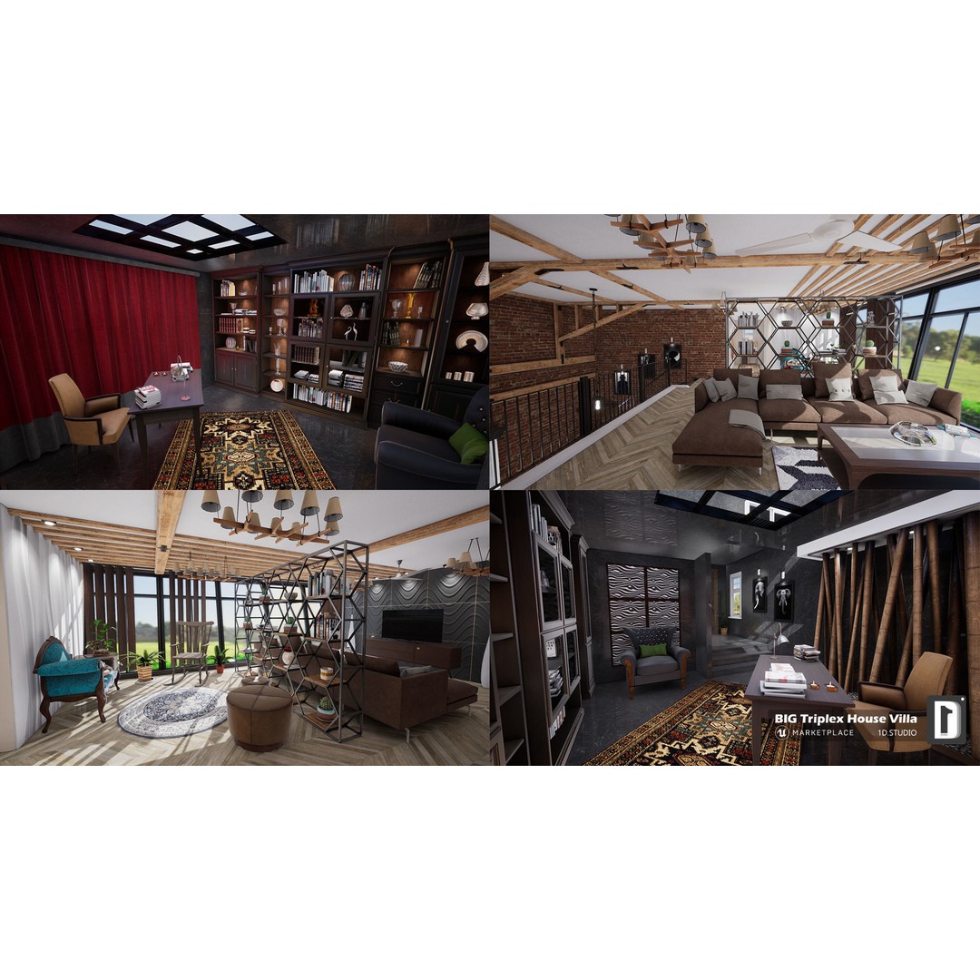 Triplex House Villa 3D Model – Low Poly Unreal Engine Project, FBX - View 3
