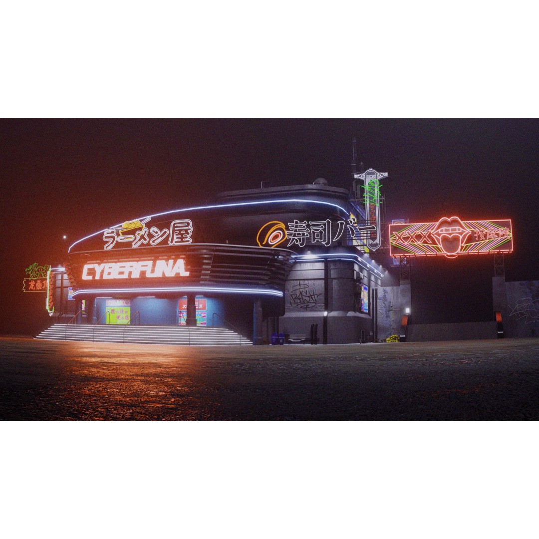 Cyberpunk Game Hall 3D Model – Low Poly Architectural Asset for Blender - View 2