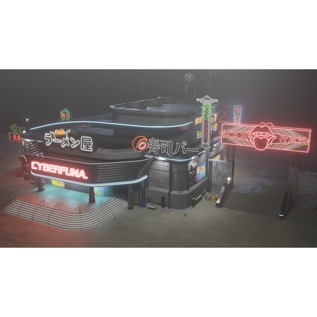 Cyberpunk Game Hall 3D Model – Low Poly Architectural Asset for Blender - View 4