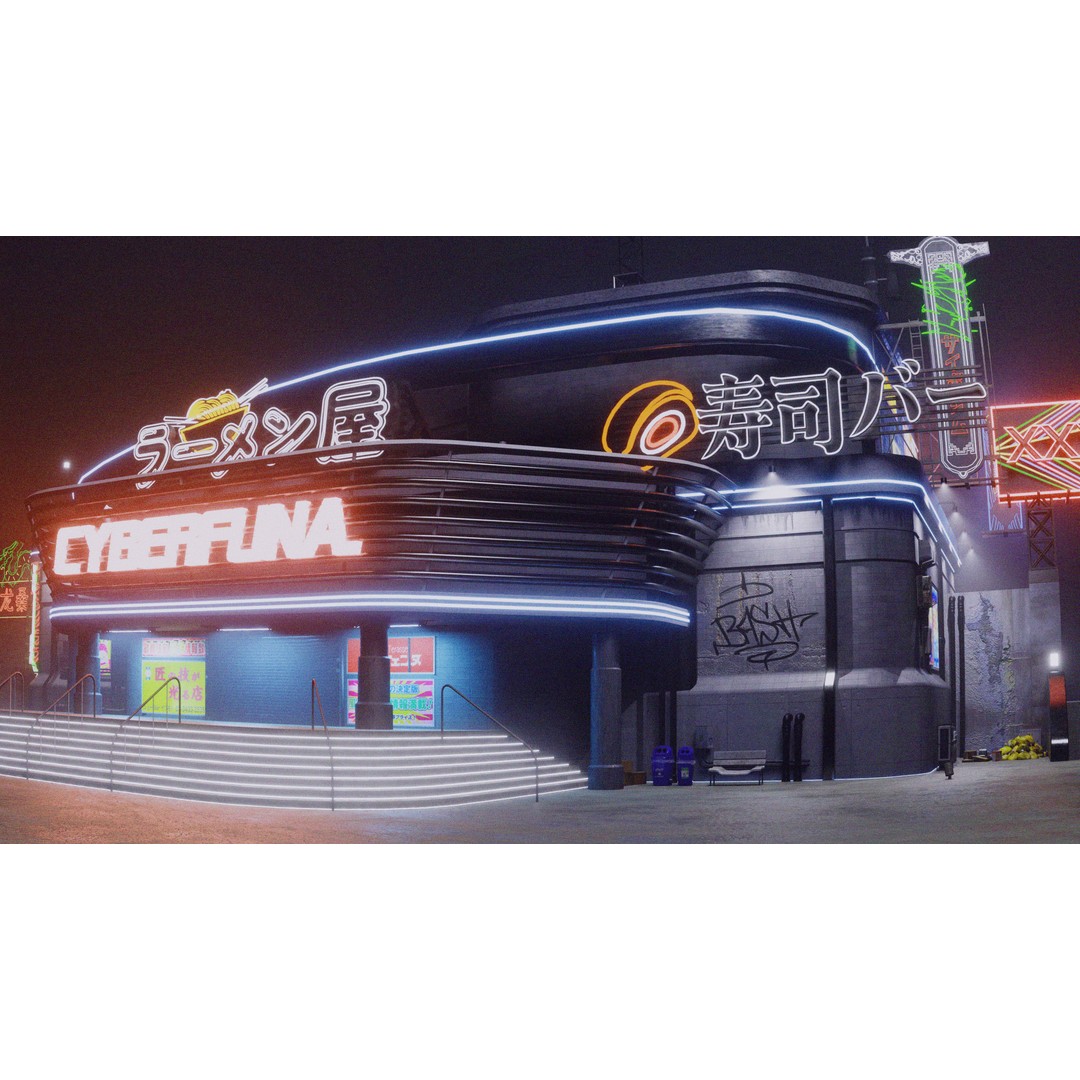Cyberpunk Game Hall 3D Model – Low Poly Architectural Asset for Blender - View 6
