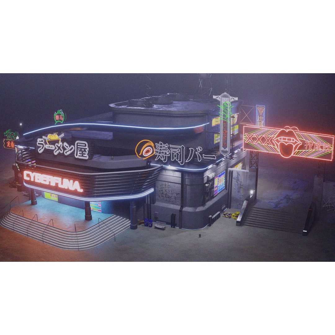 Cyberpunk Game Hall 3D Model – Low Poly Architectural Asset for Blender - View 9