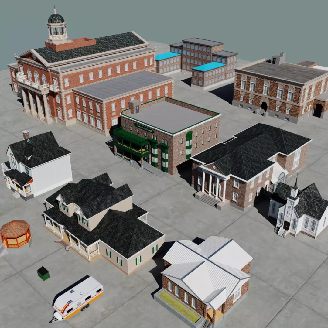 Small Town America Buildings 3D Model – Low Poly Game Asset, FBX - View 2