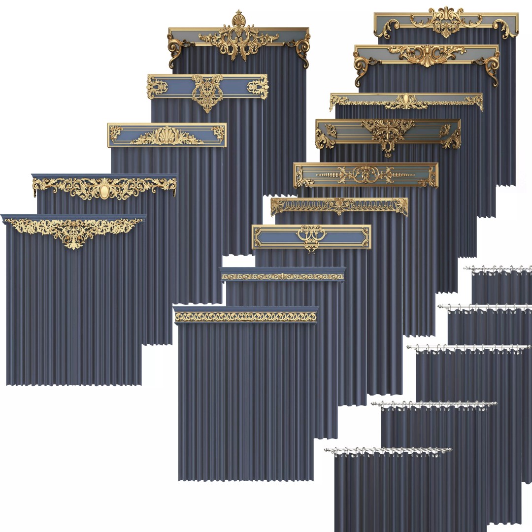 Classic Cornice Curtain 3D Model – Low Poly Architectural Decoration, FBX, OBJ - View 2