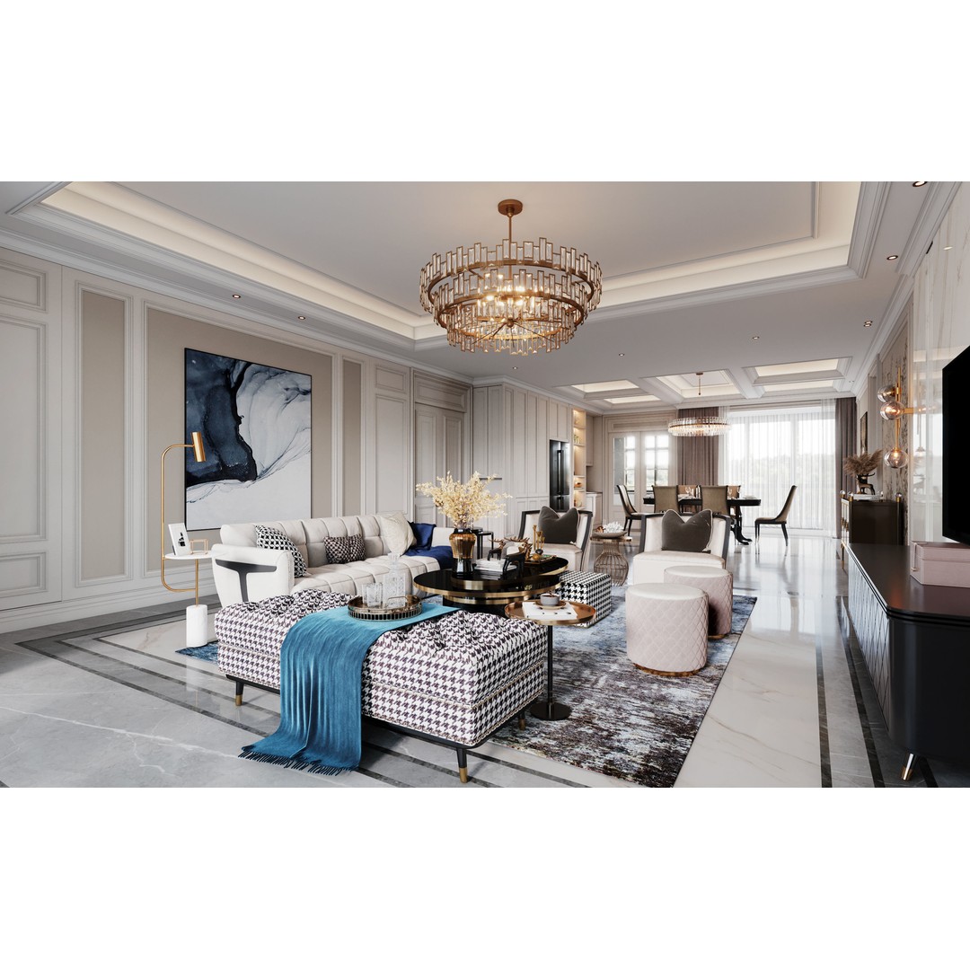 American Living Room 3D Model – Interior Sofa and Coffee Table, FBX - View 7