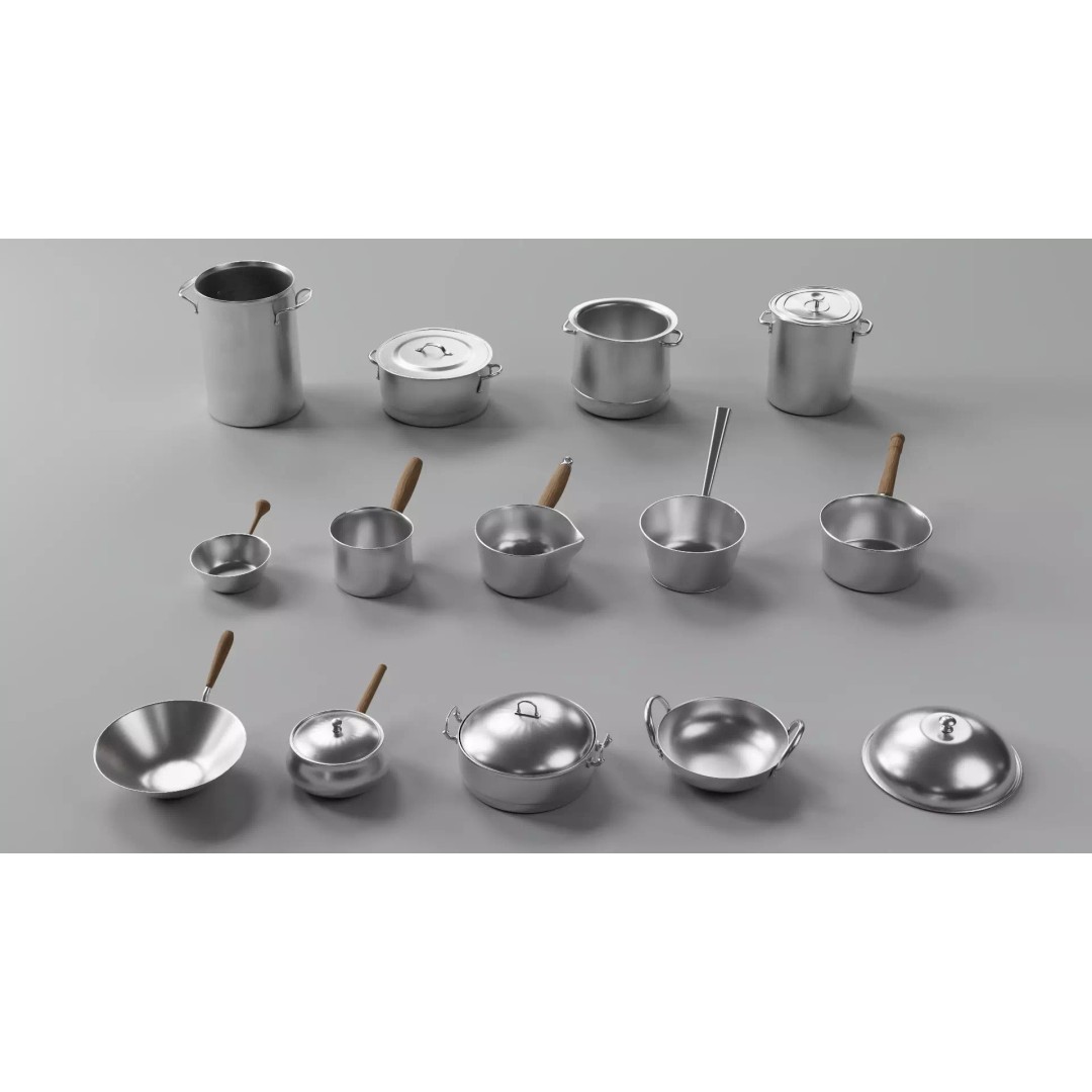 Stylized Pots and Pans 3D Model – Low Poly Kitchenware, FBX, OBJ - View 2
