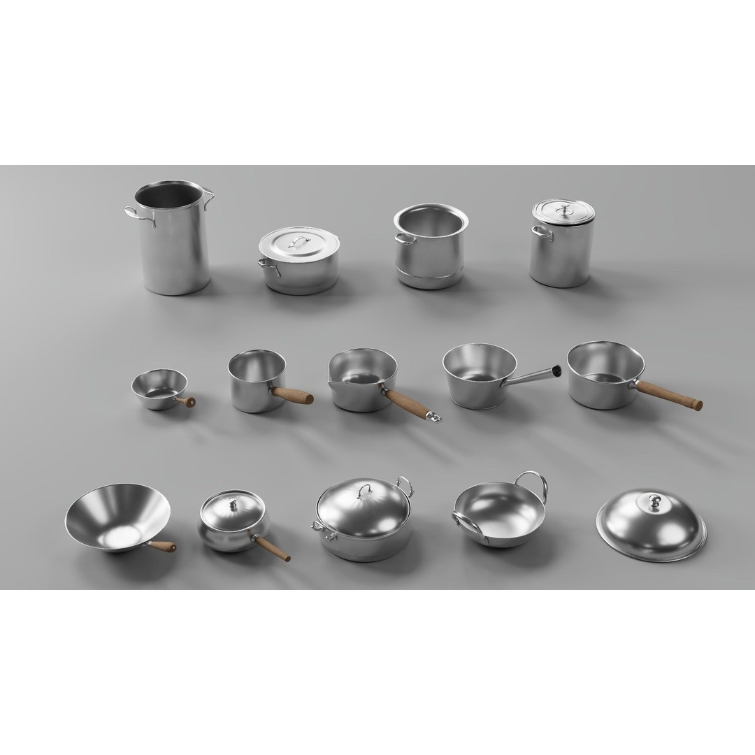 Stylized Pots and Pans 3D Model – Low Poly Kitchenware, FBX, OBJ - View 3