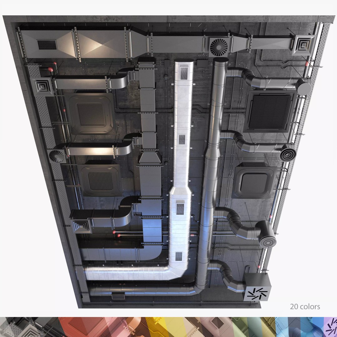 Ventilation System 3D Model – Multi-Colored Ducts and Ceilings, FBX - View 2