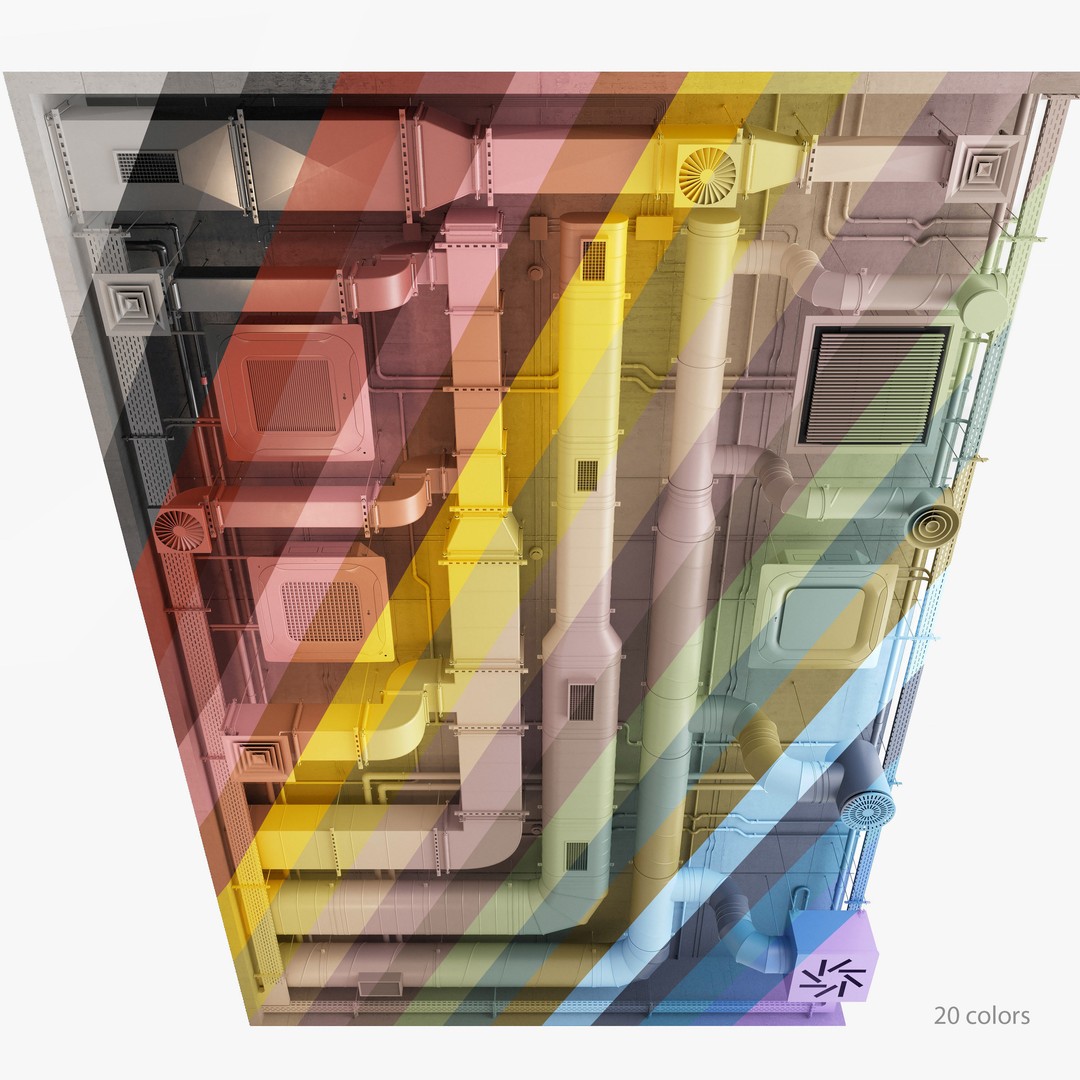 Ventilation System 3D Model – Multi-Colored Ducts and Ceilings, FBX - View 3